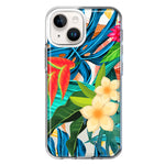 Apple iPhone 14 Blue Monstera Pothos Tropical Floral Summer Flowers Hybrid Protective Phone Case Cover