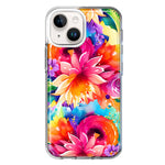 Apple iPhone 15 Watercolor Paint Summer Rainbow Flowers Bouquet Bloom Floral Hybrid Protective Phone Case Cover
