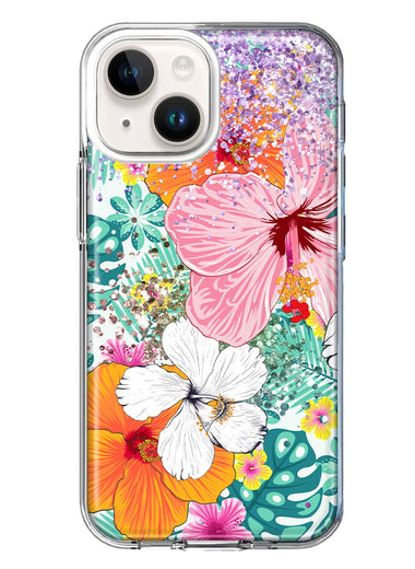 Apple iPhone 14 Plus Hawaiian Vibes Hibiscus Flowers Monstera Vacation Summer Hybrid Protective Phone Case Cover
