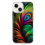 Apple iPhone 15 Neon Rainbow Glow Peacock Feather Hybrid Protective Phone Case Cover