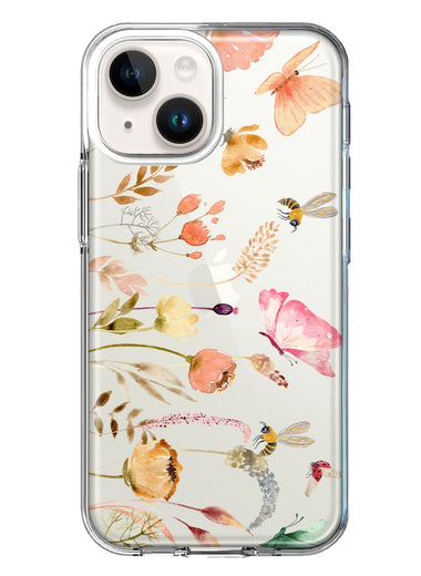 Apple iPhone 13 Mini Peach Meadow Wildflowers Butterflies Bees Watercolor Floral Hybrid Protective Phone Case Cover
