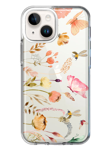 Apple iPhone 14 Plus Peach Meadow Wildflowers Butterflies Bees Watercolor Floral Hybrid Protective Phone Case Cover