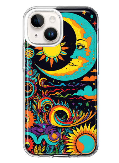 Apple iPhone 14 Neon Rainbow Psychedelic Indie Hippie Indie Moon Hybrid Protective Phone Case Cover