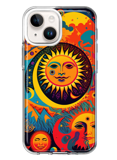 Apple iPhone 15 Plus Neon Rainbow Psychedelic Indie Hippie Sun Moon Hybrid Protective Phone Case Cover