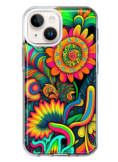 Apple iPhone 15 Plus Neon Rainbow Psychedelic Indie Hippie Sunflowers Hybrid Protective Phone Case Cover