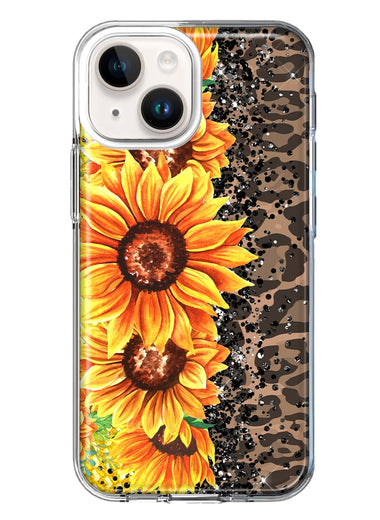 Apple iPhone 14 Plus Yellow Summer Sunflowers Brown Leopard Honeycomb Hybrid Protective Phone Case Cover