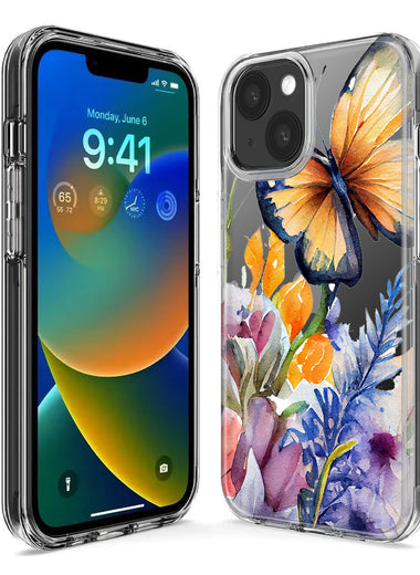 Apple iPhone 13 Spring Summer Flowers Butterfly Purple Blue Lilac Floral Hybrid Protective Phone Case Cover
