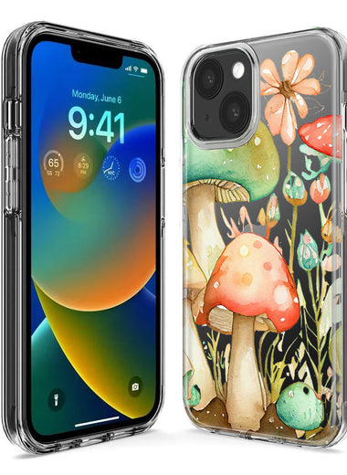Apple iPhone 15 Pro Fairytale Watercolor Mushrooms Pastel Spring Flowers Floral Hybrid Protective Phone Case Cover
