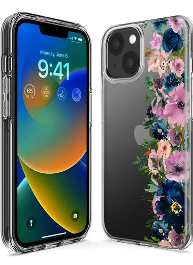Apple iPhone 15 Pro Max Navy Blue Summer Watercolor Floral Classic Purple Flowers Hybrid Protective Phone Case Cover