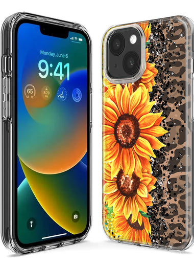 Apple iPhone 15 Pro Max Yellow Summer Sunflowers Brown Leopard Honeycomb Hybrid Protective Phone Case Cover