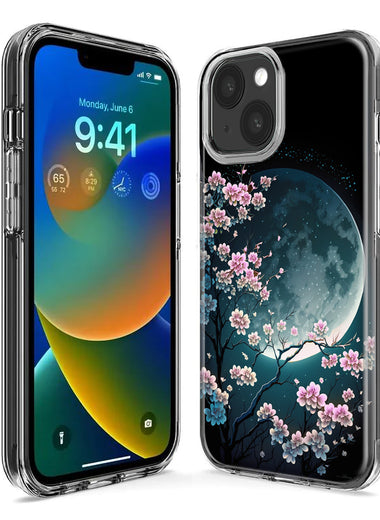 Apple iPhone 14 Pro Kawaii Manga Pink Cherry Blossom Full Moon Hybrid Protective Phone Case Cover