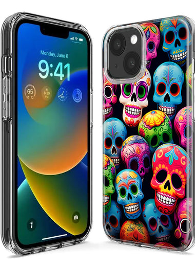 Apple iPhone 14 Pro Max Halloween Spooky Colorful Day of the Dead Skulls Hybrid Protective Phone Case Cover