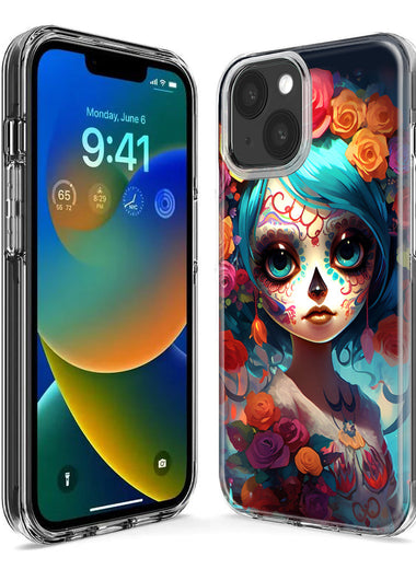 Apple iPhone 15 Halloween Spooky Colorful Day of the Dead Skull Girl Hybrid Protective Phone Case Cover