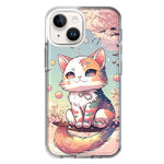 Apple iPhone 15 Kawaii Manga Pink Cherry Blossom Cute Cat Hybrid Protective Phone Case Cover