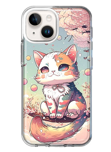 Apple iPhone 14 Plus Kawaii Manga Pink Cherry Blossom Cute Cat Hybrid Protective Phone Case Cover