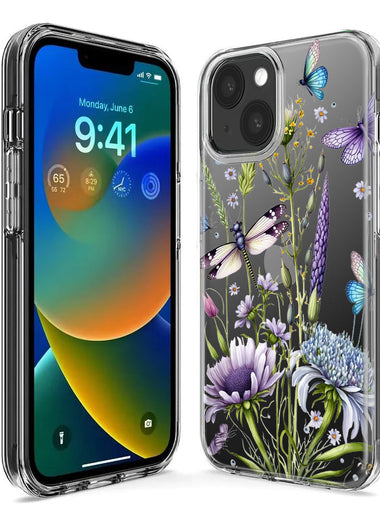 Apple iPhone 15 Pro Lavender Dragonfly Butterflies Spring Flowers Hybrid Protective Phone Case Cover