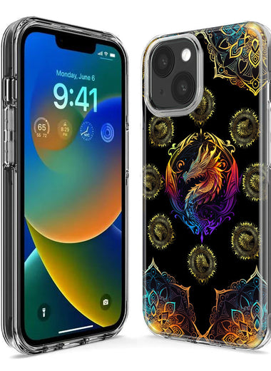 Apple iPhone 15 Mandala Geometry Abstract Dragon Pattern Hybrid Protective Phone Case Cover