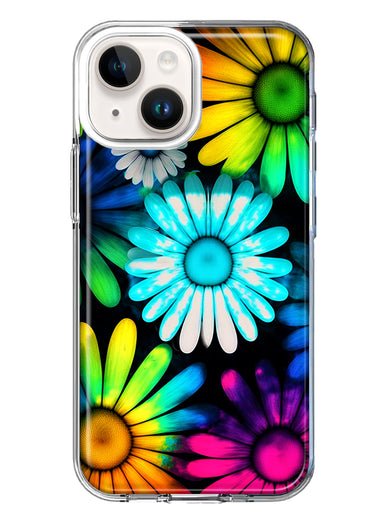 Apple iPhone 14 Plus Neon Rainbow Daisy Glow Colorful Daisies Baby Blue Pink Yellow White Double Layer Phone Case Cover