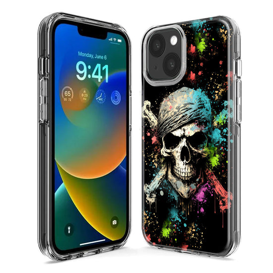 Apple iPhone 15 Pro Fantasy Paint Splash Pirate Skull Hybrid Protective Phone Case Cover
