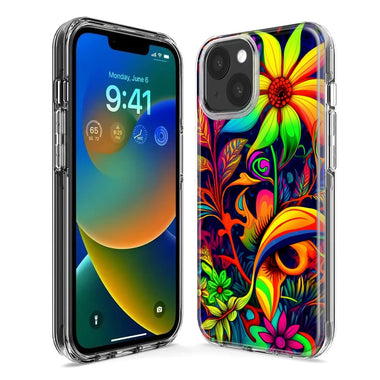 Apple iPhone 15 Neon Rainbow Psychedelic Trippy Hippie Daisy Flowers Hybrid Protective Phone Case Cover