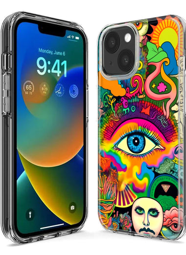 Apple iPhone 15 Pro Max Neon Rainbow Psychedelic Trippy Hippie Multiple Eyes Hybrid Protective Phone Case Cover