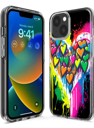 Apple iPhone 15 Colorful Rainbow Hearts Love Graffiti Painting Hybrid Protective Phone Case Cover