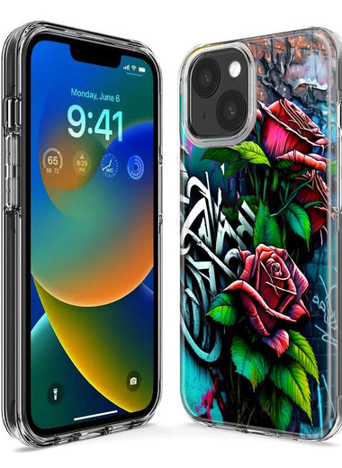 Apple iPhone 15 Plus Red Roses Graffiti Painting Art Hybrid Protective Phone Case Cover