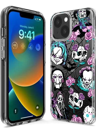 Apple iPhone 15 Pro Roses Halloween Spooky Horror Characters Spider Web Hybrid Protective Phone Case Cover