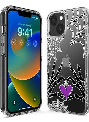 Apple iPhone 14 Halloween Skeleton Heart Hands Spooky Spider Web Hybrid Protective Phone Case Cover