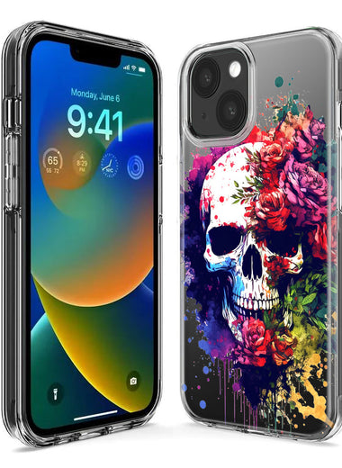 Apple iPhone 15 Pro Max Fantasy Skull Red Purple Roses Hybrid Protective Phone Case Cover