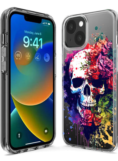 Apple iPhone 13 Fantasy Skull Red Purple Roses Hybrid Protective Phone Case Cover