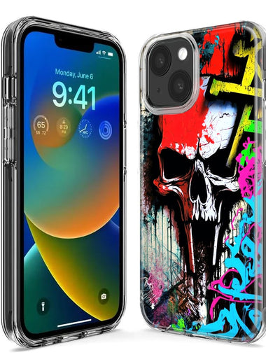 Apple iPhone 15 Plus Skull Face Graffiti Painting Art Hybrid Protective Phone Case Cover