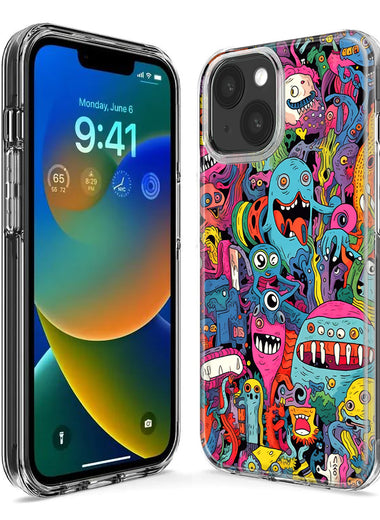 Apple iPhone 15 Plus Psychedelic Trippy Happy Aliens Characters Hybrid Protective Phone Case Cover
