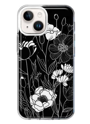 Apple iPhone 14 Plus Line Drawing Art White Floral Flowers Hybrid Protective Phone Case Cover