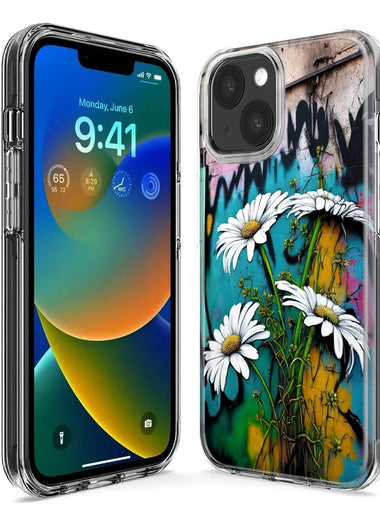 Apple iPhone 15 Pro White Daisies Graffiti Wall Art Painting Hybrid Protective Phone Case Cover