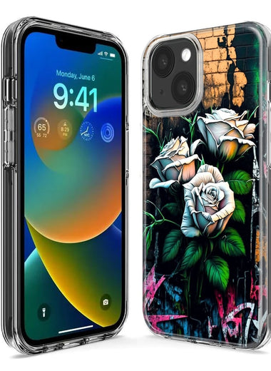 Apple iPhone 15 White Roses Graffiti Wall Art Painting Hybrid Protective Phone Case Cover