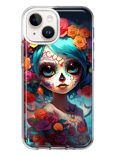 Apple iPhone 15 Halloween Spooky Colorful Day of the Dead Skull Girl Hybrid Protective Phone Case Cover