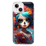 Apple iPhone 15 Halloween Spooky Colorful Day of the Dead Skull Girl Hybrid Protective Phone Case Cover