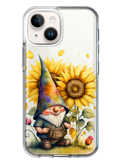 Apple iPhone 14 Cute Gnome Sunflowers Clear Hybrid Protective Phone Case Cover