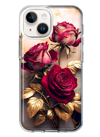 Apple iPhone 14 Plus Romantic Elegant Gold Marble Red Roses Double Layer Phone Case Cover