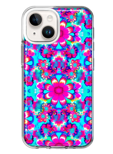 Apple iPhone 14 Pink Blue Vintage Hippie Tie Dye Flowers Hybrid Protective Phone Case Cover