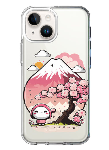 Apple iPhone 14 Plus Kawaii Manga Pink Cherry Blossom Fuji Mountain Mochi Girl Hybrid Protective Phone Case Cover
