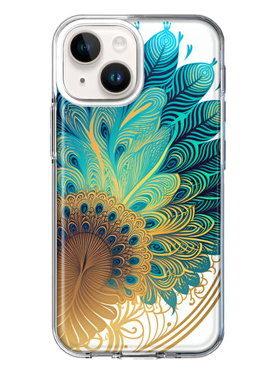 Apple iPhone 15 Mandala Geometry Abstract Peacock Feather Pattern Hybrid Protective Phone Case Cover