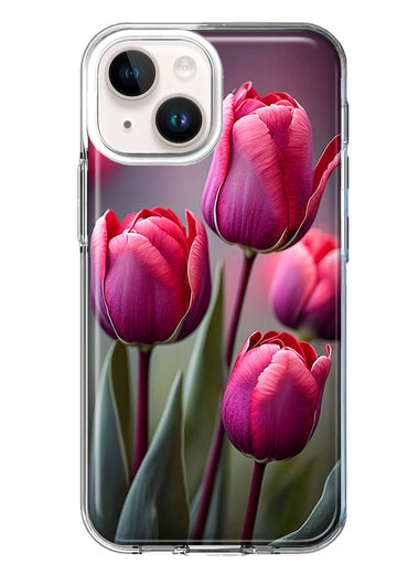 Apple iPhone 15 Pink Tulip Flowers Floral Hybrid Protective Phone Case Cover