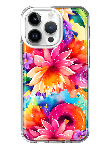 Apple iPhone 14 Pro Watercolor Paint Summer Rainbow Flowers Bouquet Bloom Floral Hybrid Protective Phone Case Cover