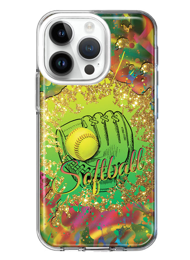 Apple iPhone 14 Pro Love Softball Girls Glove Green Tie Dye Swirl Paint Hybrid Protective Phone Case Cover