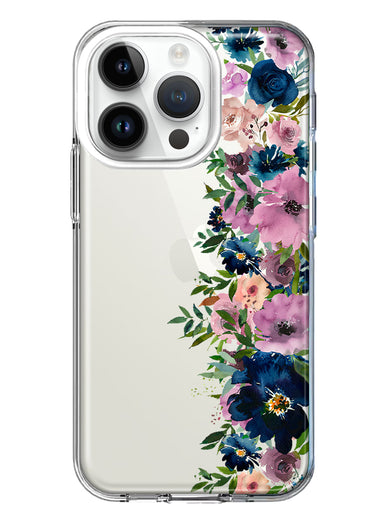 Apple iPhone 14 Pro Navy Blue Summer Watercolor Floral Classic Purple Flowers Hybrid Protective Phone Case Cover
