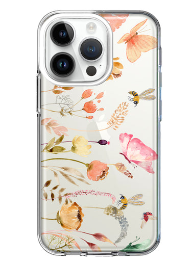 Apple iPhone 14 Pro Peach Meadow Wildflowers Butterflies Bees Watercolor Floral Hybrid Protective Phone Case Cover