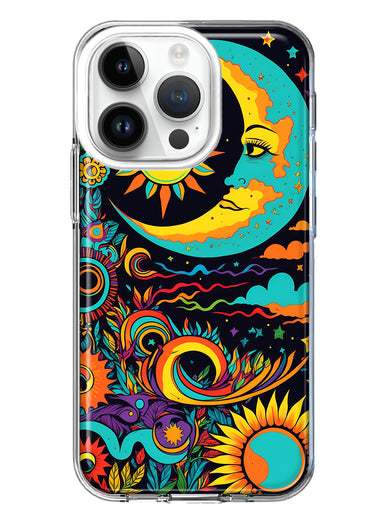Apple iPhone 14 Pro Neon Rainbow Psychedelic Indie Hippie Indie Moon Hybrid Protective Phone Case Cover