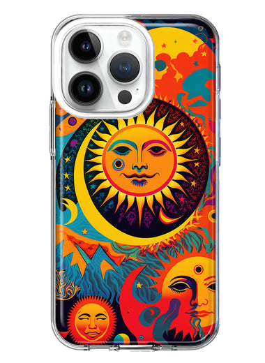 Apple iPhone 14 Pro Neon Rainbow Psychedelic Indie Hippie Sun Moon Hybrid Protective Phone Case Cover